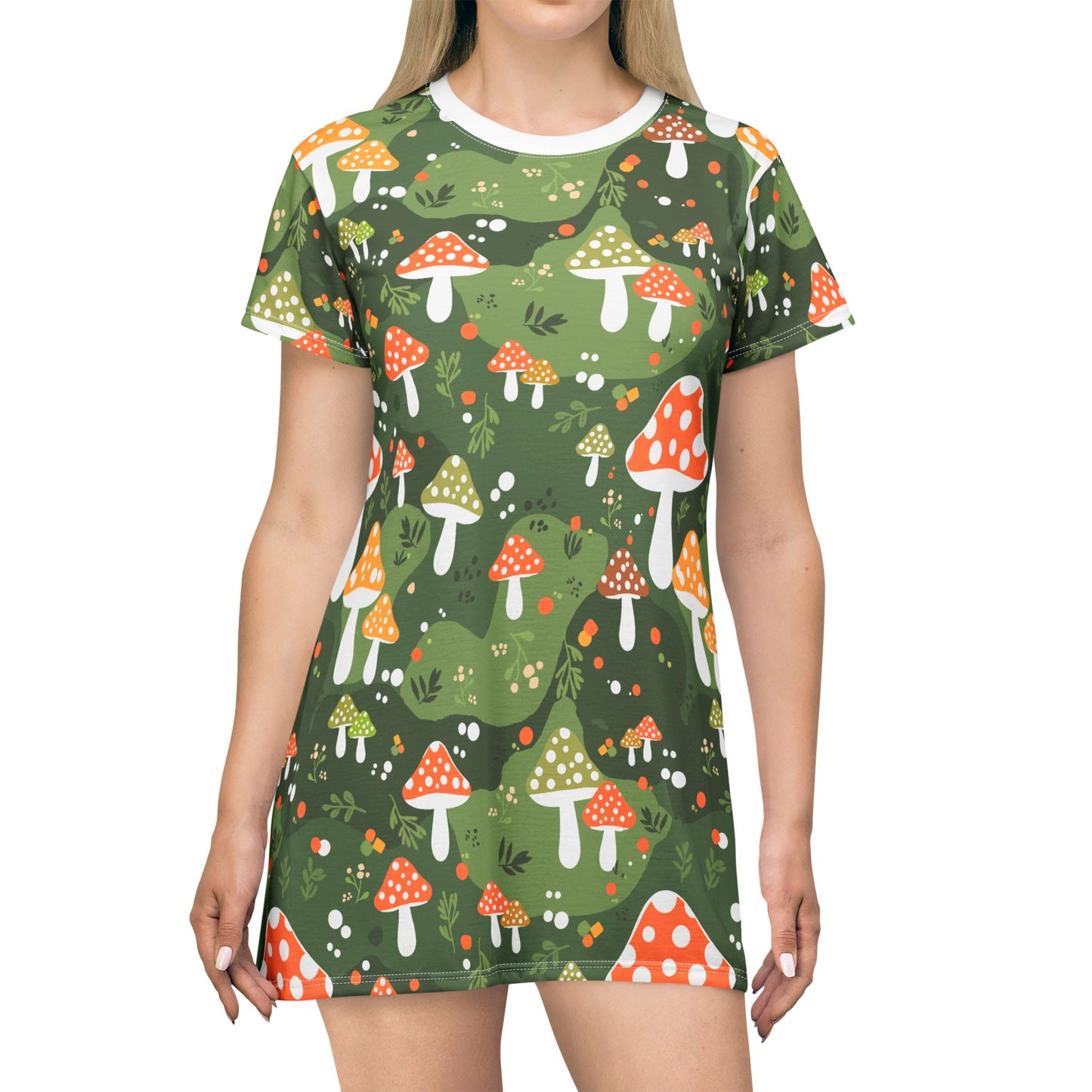 Whimsical Folk Art Mushroom T-Shirt Dress | Cottagecore A-Line Dress