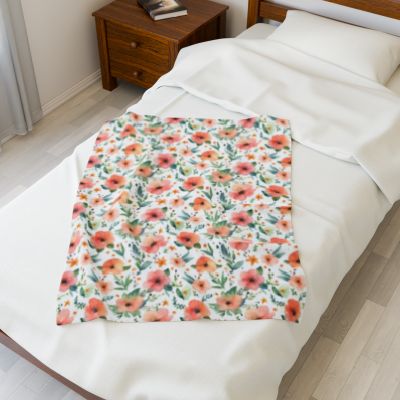 Watercolor Floral Print Velveteen Plush Blanket